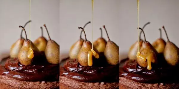 Schokoladen Birnen Torte mit Karamellguss und Mandelknusper