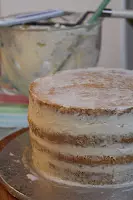 Sommerliche Tiramisu-Torte mit Blüten aus Buttercreme: Sonnenblumen, Rosen, Hortensien, Himmelsschlüssel und Vergissmeinnicht - Videotutorial, Rohling mit Krümelkruste